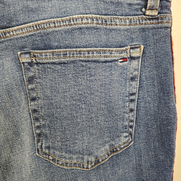 Vintage Y2K Tommy Hilfiger Zipper Jeans High Rise Stretchy Raw Hem Red Logo 34 - Picture 8 of 12